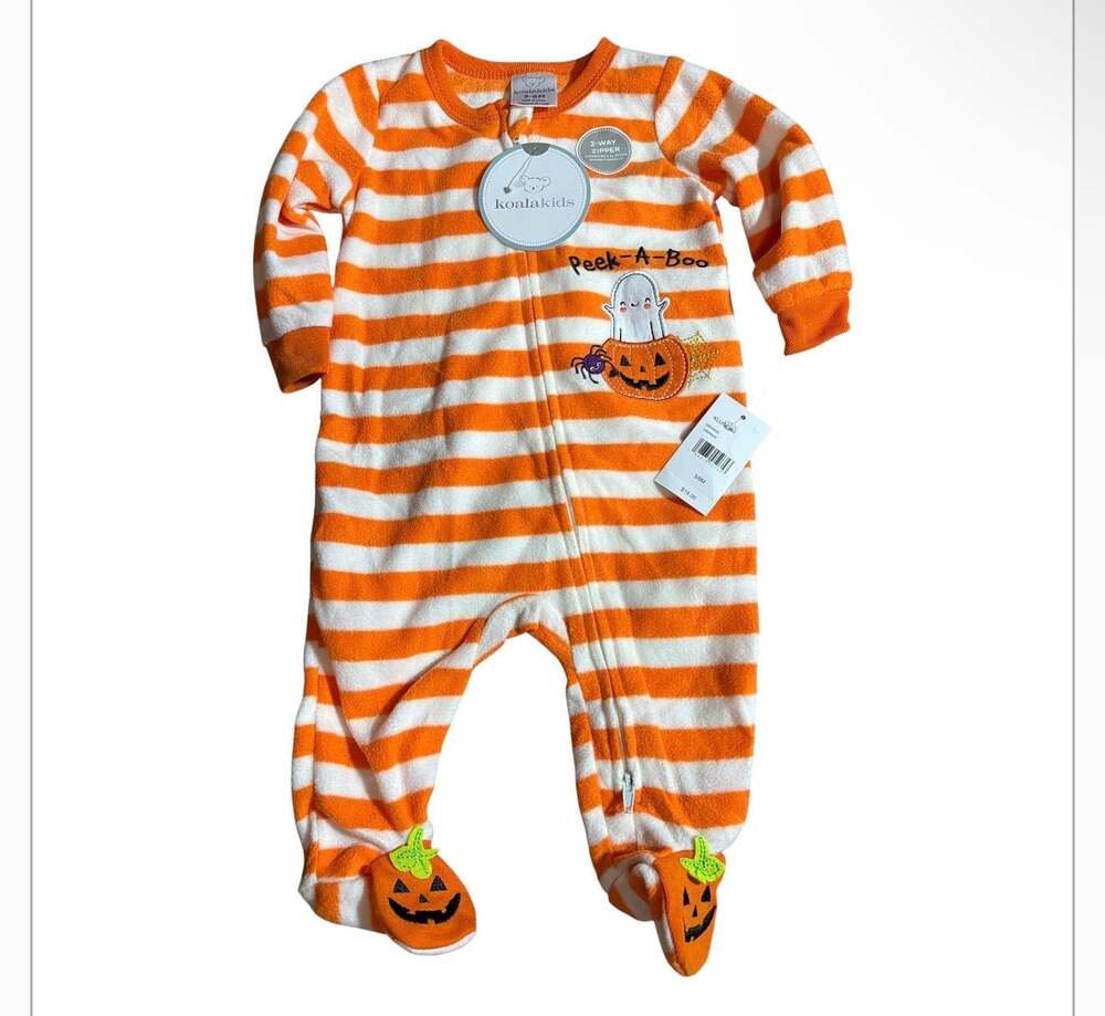 Koala Kids Peek-A-Boo Halloween Pumpkin Striped Footed Sleeper 3-6M NWT